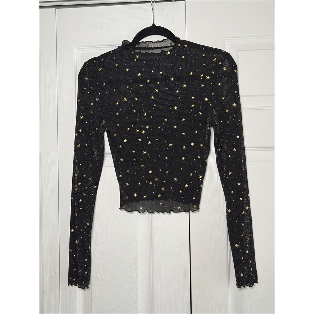 Celestial Star Mesh Top Womens Size S Black Gold Foil Y2K Sheer Mock